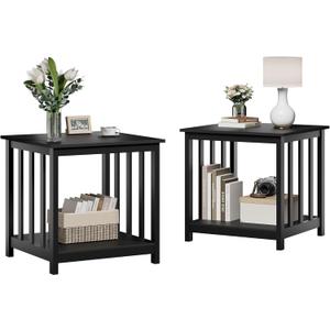 Treocho End Tables Living Room Set of 2, 24 Inch Square Side Table with 2-Tier Storage Shelf, Modern Nightstand for Living Room, Bedroom, Office, Black