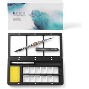 Travel Watercolor Palette Box, Fuumuui Black Wood Palette Kit with Cover, 12 Empty Removable Half-pan Grids, Dual Tip Travel Brushes, for Watercolor Gouache Color Mixing, Pure White Palette