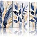 EHNTNNMA 3 Pcs Blue Botanical Canvas Wall Art Modern Natural Abstract Leaf Prints Boho Blue and Gold Plant Minimalist Rustic Leaf Wall Paintings for Living Room, Office, and Bedroom 16x24 Inches Framed