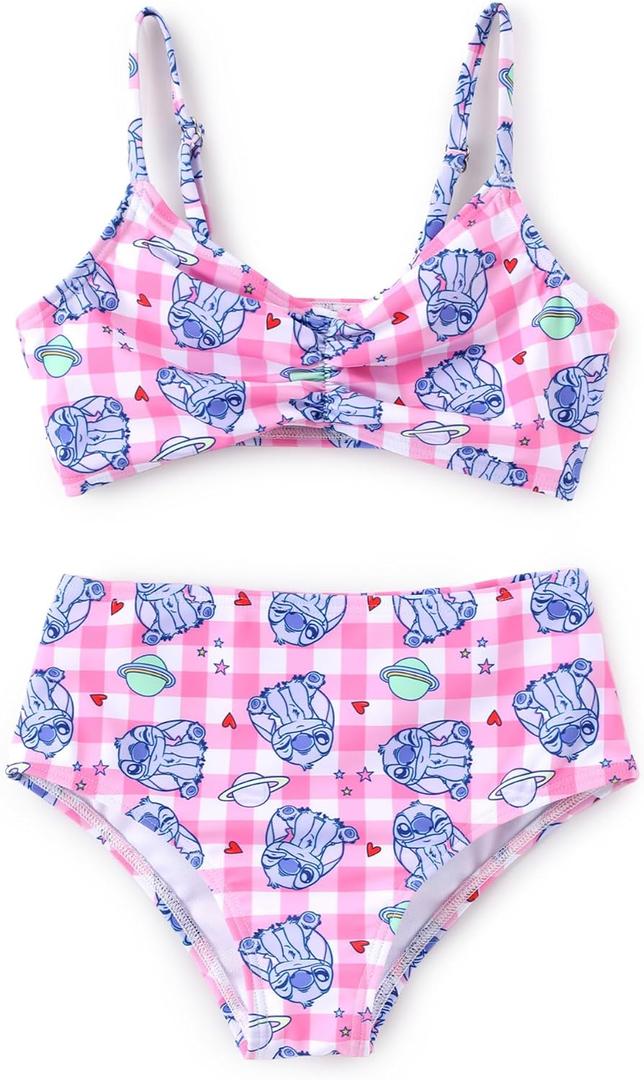 Disney Stitch Minnie Mouse Bikini Swimsuit, 2 Piece Toddler Girls Bathing Suit, Swimwear with Straps & Bow, UPF 50+ Rashguard (Purple)