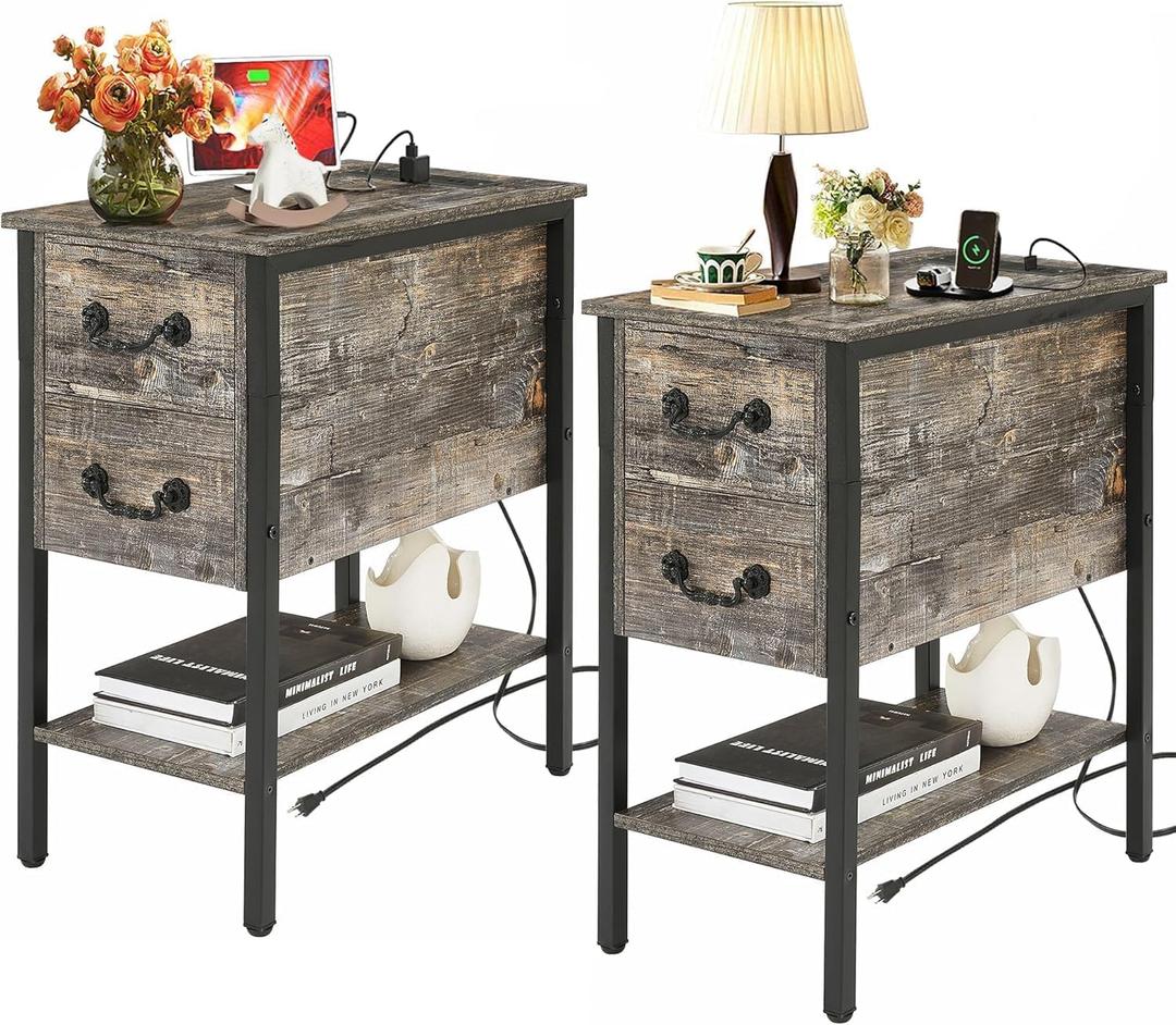 VECELO End Tables,Narrow Nightstands with Charging Station & USB Ports &Drawers,Night Stand for Living Room, Bedroom,Dust Grey, 2 pack