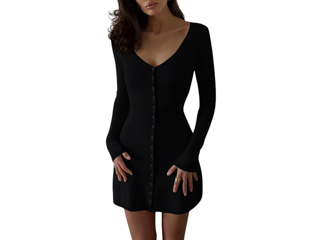 Women Fall V Neck Button Front Knit Mini Dress Elegant Long Sleeve Ribbed A-Line Short Dress. Size S