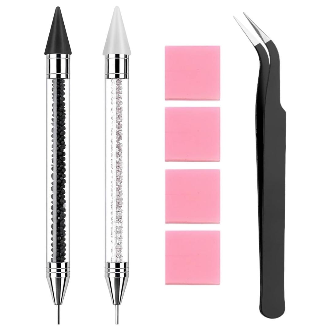 2 Pack Rhinestone Picker Tool Dotting Pen with Tweezer, Wax Pencil for Rhinestones, Gem Picker Pen Diamond Jewel Applicator, Rhinestone Tools Kit for Bedazzling DIY Nail Art