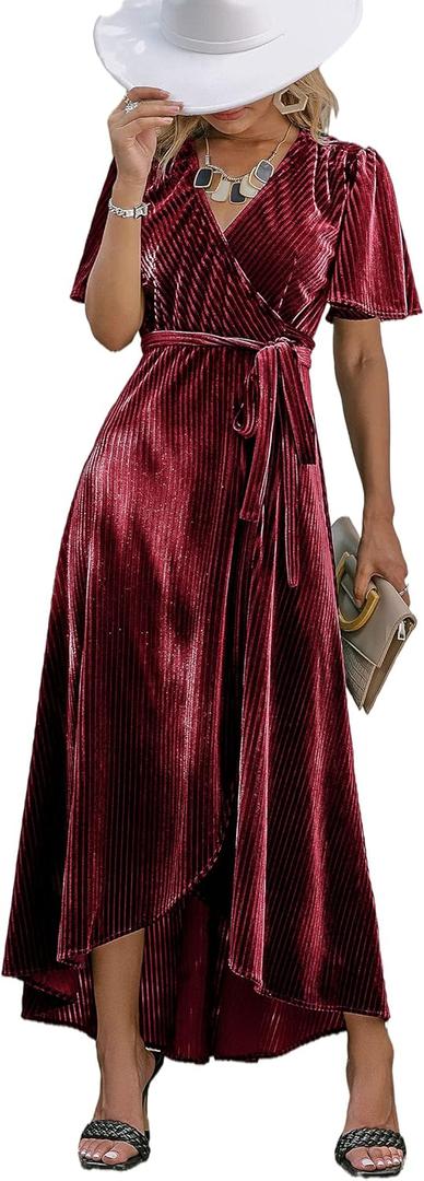 BerryGo Women's Velvet V Neck Wrap Semi Formal Dress Cocktail Party Maxi Dress for Wedding Guest (XS, Z-velvet Wine Red)