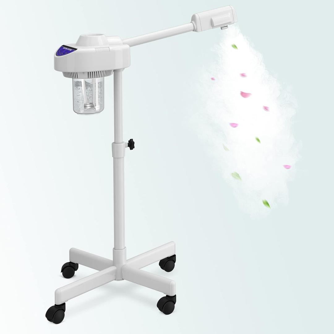 Professional Nano Ionic Facial Steamer on Wheels with Ozone Function, Standing Face Steamer for Deep Pore Care, Hydration, Home Spa & Salon Use