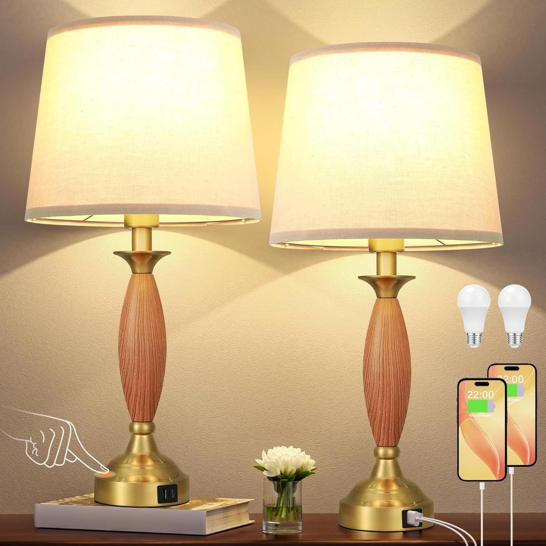 Seealle Touch Bedside Lamps for Nightstand - Bedroom Lamps Set of 2 with USB C+A, 3 Way Dimmable Table Lamps for Living Room (Wood Body and Gold Base)