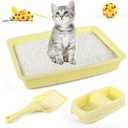 PAWISE Cat Litter Box Set, Small Kitten Starter Kit, Includes Litter Box, Litter Scoop, Double Dish Feeding Bowl, Cat Mouse Toy, Kitty Ball Toy, Yellow