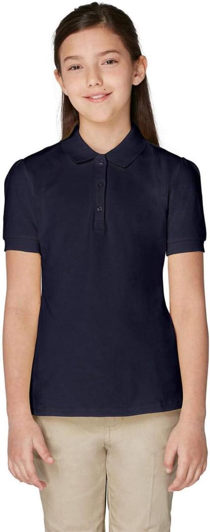 French Toast Girls' Short Sleeve Stretch Pique Polo Shirt (7-8, Navy)