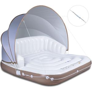Canopy Island, 71" X 71" Inflatable Tanning Pool Lounger Float with SPF50+ Retractable Detachable Sunshade, Pool Float with 2 Built-in Cup Holders, Canopy Island Inflatable Lounge Load 440lbs