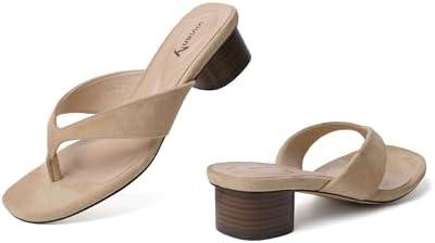 vivianly Women's Suede Low Chunky Block Heel Flip Flops Square Toe Thong Heeled Sandals Casual Slip On Mules for Work Beach Casual Outings Beige Size 7