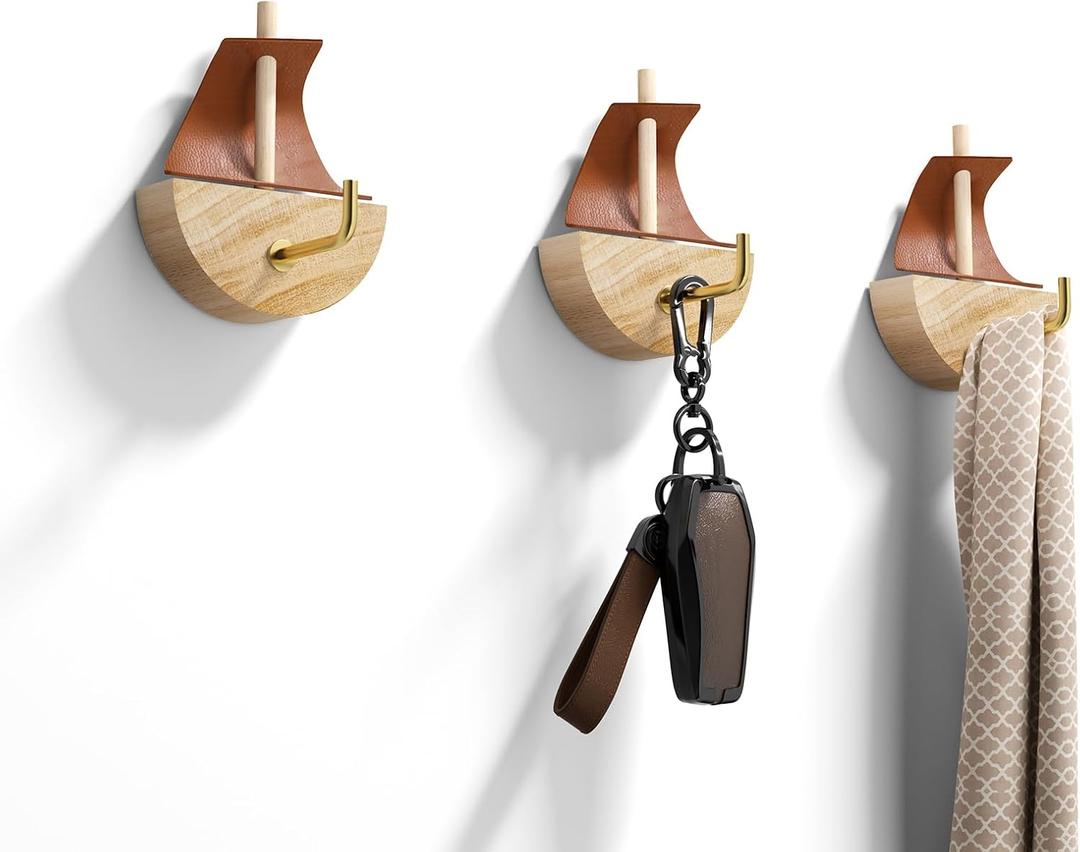 2 x Sailboat Key Holder and Teacup Hook - Nautical Wood Wall Decor for Small Space Organization, Coffee Bar Entryway - Set of 3