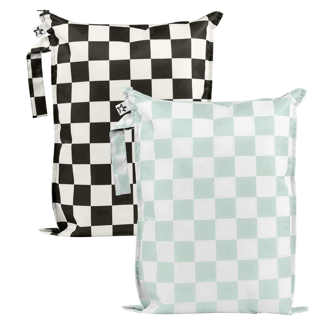 Tiny Twinkle Mess Proof Wet Bags | 2-Pack Reusable Waterproof Wet Bags for Swimsuits | Baby Clothes | Travel & Diaper Bag (Black, Green Checkers)