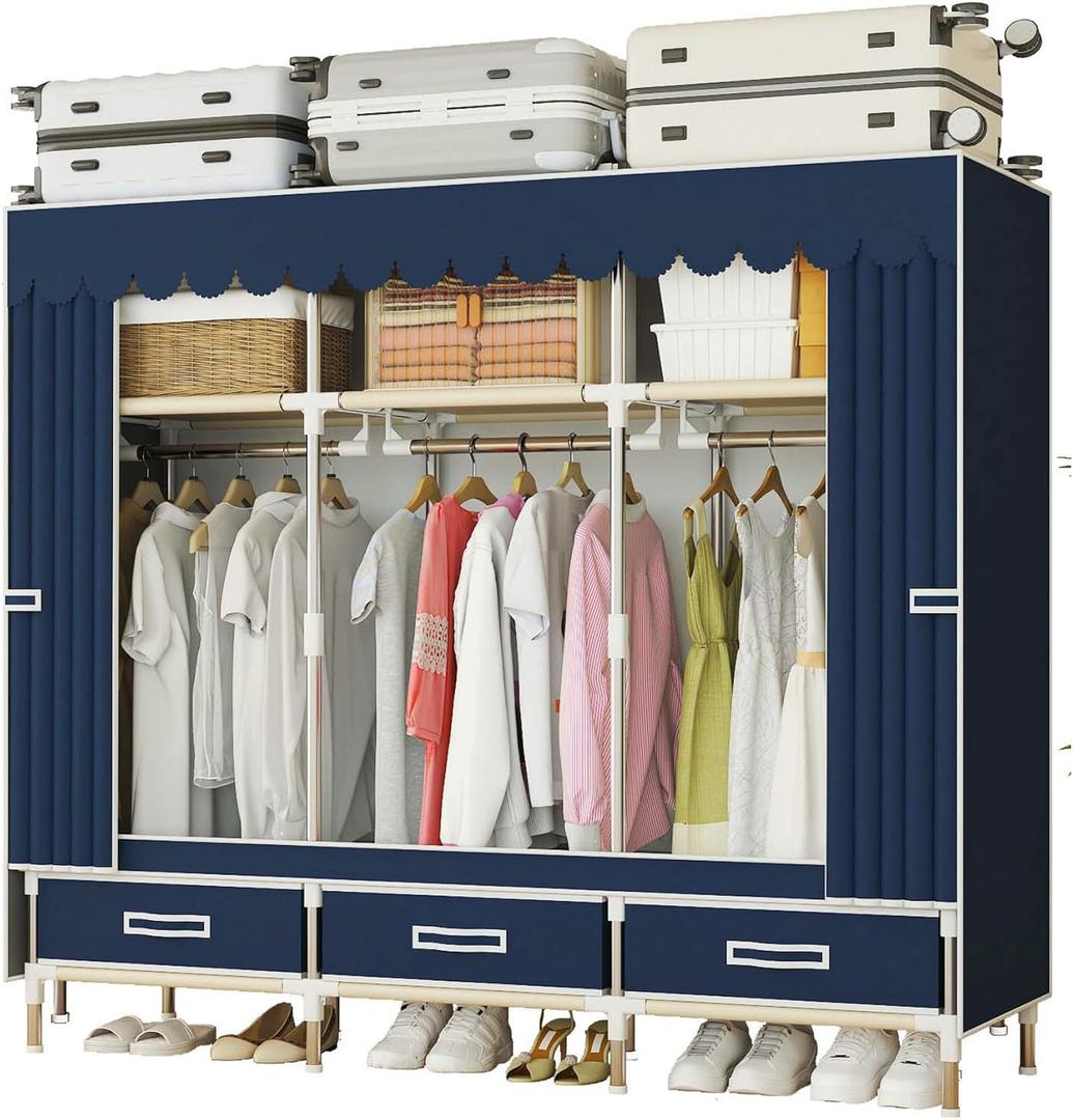 Portable Wardrobe Closet Durable and Easy to Assemble Heavy Duty Clothes Rack with Non-Woven Cover Fabric Best for Bedroom and Easy Storage and Organization (Blue-A)