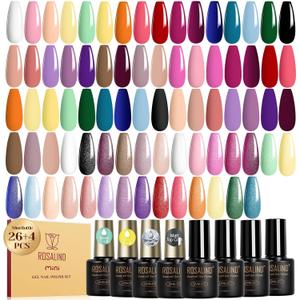 ROSALIND 30pcs Gel Nail Polish Set, 26 Colors Gel Polish with 3Pcs Glossy Matte Glitter Top Coat and Base Coat All Seasons Nude Blue Red Gel Nails art Kit DIY Salon at Home (0.17 Fl Oz (Pack of 30), Multi-Colored 02)
