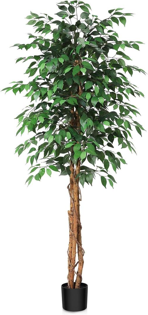 6ft Artificial Ficus Tree with Natural Wood Trunk, Silk Fake Ficus Tree in Plastic Nursery Pot, Faux Plant for Office Home, Indoor Outdoor Decor, 1 Pack