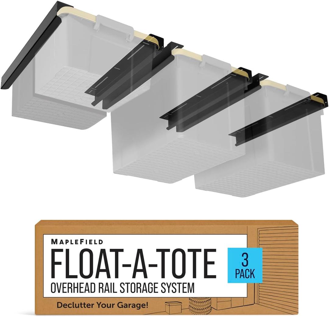 Maplefield Float-A-Tote Garage Overhead Storage Racks - 3 Pack (6 Rails) - Adjustable Ceiling Racks for Tote Bins - Supports 40 Lbs - Easy Installation