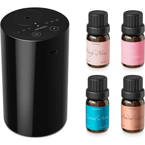 Airversa Waterless Essential Oil Diffuser Starter Kit with 4 x 10mL Fragrance Oil, Battery Operated Mini Scent Air Machine Portable Diffuser for Home Car Office, AN8 Kit2 Black