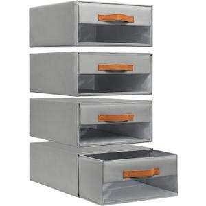 DIMJ Closet Organizers and Storage - Fabric Bins with Drawers for Closet Foldable Clothes Organizers with Clear Window, Stackable Storage Drawers Units for Bedroom, Living Room, 4-Pack, Grey