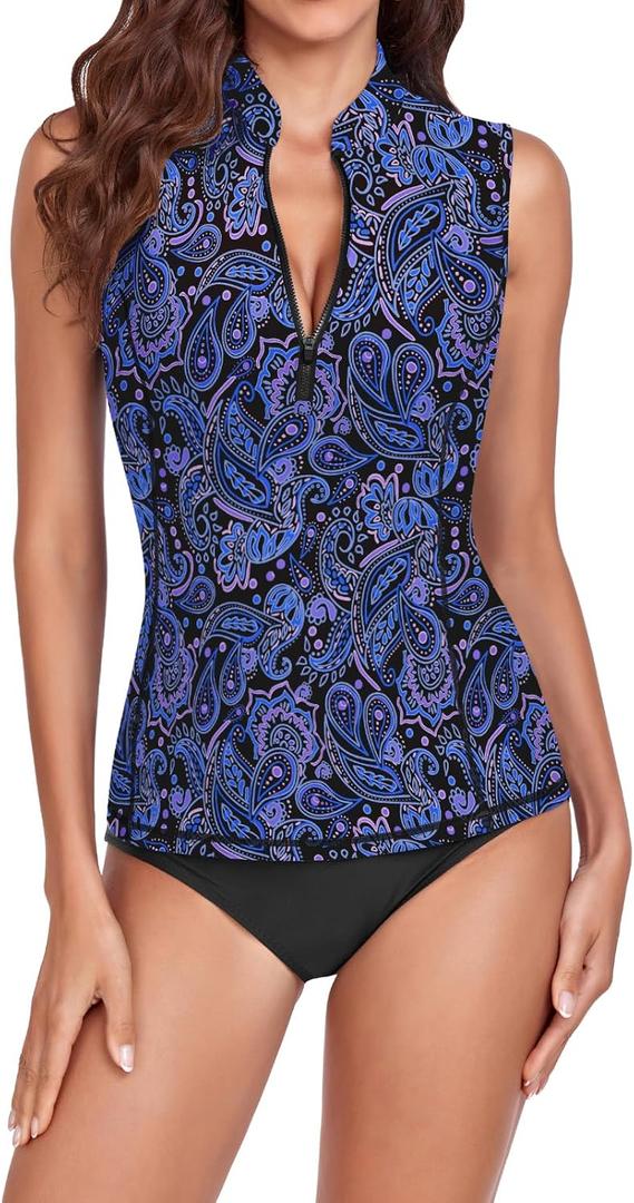 Women Rash Guard Tank Top Swim Shirts UV Sun Protection Surfing Swimsuits Top Zipper Bathing Suit Built in Bra No Bottoms (XX-Large, Aa-padded | Blue Paisley)