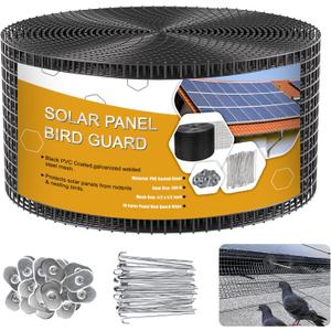 Solar Panel Bird Guard,8in x 100ft Critter Guard Galvanized PVC Coated Mesh Roll Kit,Black Pigeon Solar Panel Mesh with 70 Fastener Clips,  inch Wire Critter Guard for Solar Panels