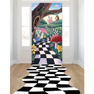 HOMEZZO Wonderland Party Decorations  2PCS Backdrop (70.87"35.43") and Wavy Checker Floor Runner (118.9"37.8") for Birthday Party, Entrance Decor, Photo Booth Supplies