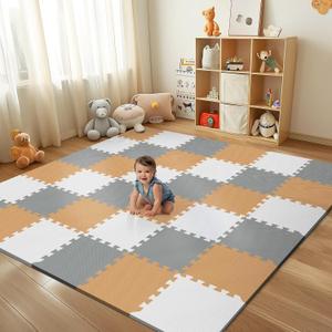 36Pcs Baby Play Mat for Floor, Foam Floor Tiles for Kids with Interlocking, Squares Foam Puzzle Carpet for Playroom,Crawling Rug for Babies 6-12 Months,Toddlers,11.8*11.8*0.6In Each,Grey White Brown (Classic)