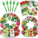 100 Pcs Tropical Luau Party Supplies Set, Serves 25 Disposable Hibiscus Floral Paper Plates, Napkins, and Forks, Hawaiian Themed Tableware for Summer BBQ, Pool and Beach Aloha Birthday Decorations
