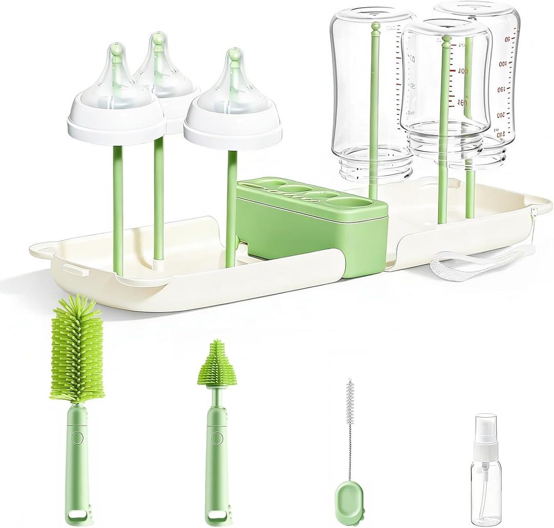 Travel Baby Bottle Cleaner Kit7-in-1 Baby Bottle Brush Set for Travel and Home, All-in-One Baby Bottle Washing Kit: Integrated Cleaning & Drying System for Bottles and Breast Pump Parts (Green)
