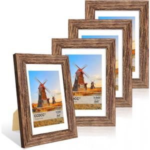 4x6 Picture Frame Set of 4, 4 x 6 Wood Photo Frames with Mat for 3.5x5, Natural Wooden Frame with Real Glass Cover for Wall and Tabletop Display,Rustic Brown