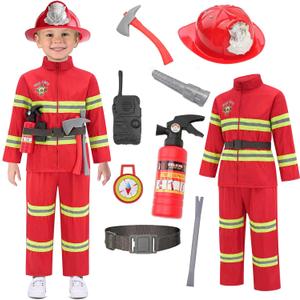 Avady Firefighter Costume for Kids Fireman Costume for Boys Halloween Costume Cosplay Dress Up (9-10 Years, Red)