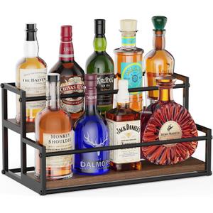THYGIFTREE Liquor Bottle Display Shelf, 2 Tier Bar Shelf Stand for Liquor & Whiskey, Countertop Liquor Rack Organizer with Metal Frame & Wood Base for Home Bar Kitchen