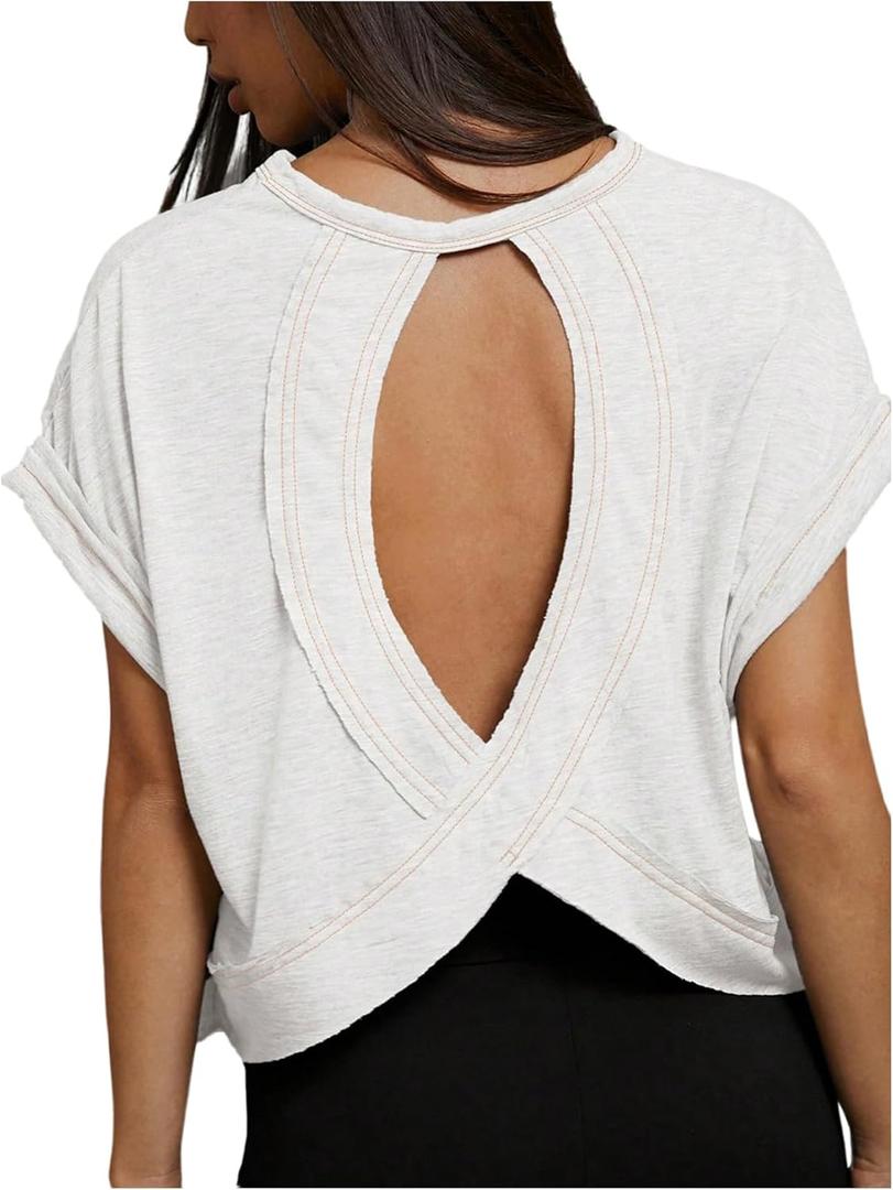 SOLY HUX Women's Plus Size Open Back Tops Criss Cross Cut Out Backless Tee Short Sleeve Summer T Shirt (White, XL)