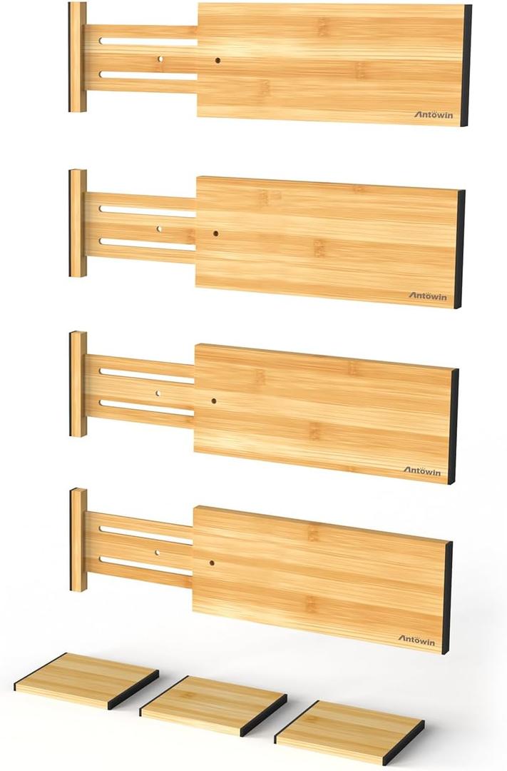 ANTOWIN 4 Pack Expandable Drawer Dividers, 4.7'' High, Extend from 12.2'' to 17.7'', Dresser Drawer Organizers, Bamboo Separators for Kitchen, Bedroom, Office, Bathroom (Natural) ANTOWIN 4 Pack Expandable Drawer Dividers, 4.7'' High, Extend from 12.2'' to 17.7'', Dresser Drawer Organizers, Bamboo Separators for Kitchen, Bedroom, Office, Bathroom (Natural)