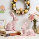 WDS WONDROUS Easter Decorations Floral Bunny Figurines Set, Pink Rabbit Decor with White Flowers, Easter & Spring Tabletop Decor, Farmhouse Home Decor Sculptures for Shelf Coffee Table Mantel