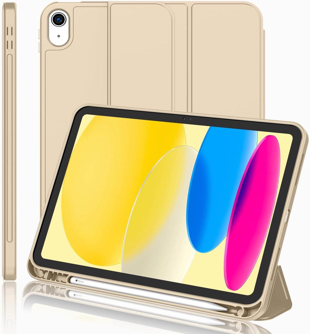 iMieet iPad (A16) Case 11th Gen/iPad 10th Generation Case [11-Inch 2025/10.9 Inch 2022] with Pencil Holder, Trifold Stand Smart Cover with Soft TPU Back,Auto Wake/Sleep(Champagne Gold)