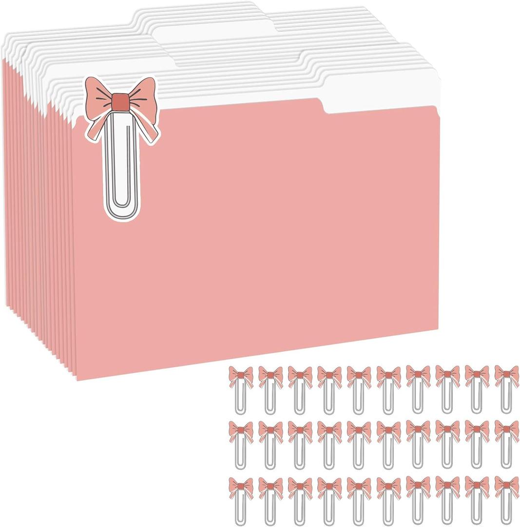 Qeeenar 30 Pack Decorative Pink 1/3 Cut File Folders with Bow Paper Clips