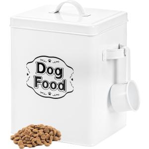 Youeon 5-7 Lbs(25 Cup) Metal Dog Food Storage Container with Lid and Scoop, Airtight Dog Treat Container, Farmhouse Pet Food Storage Container, Cute Dog Food Canister, Gift for Dogs and Owners, White