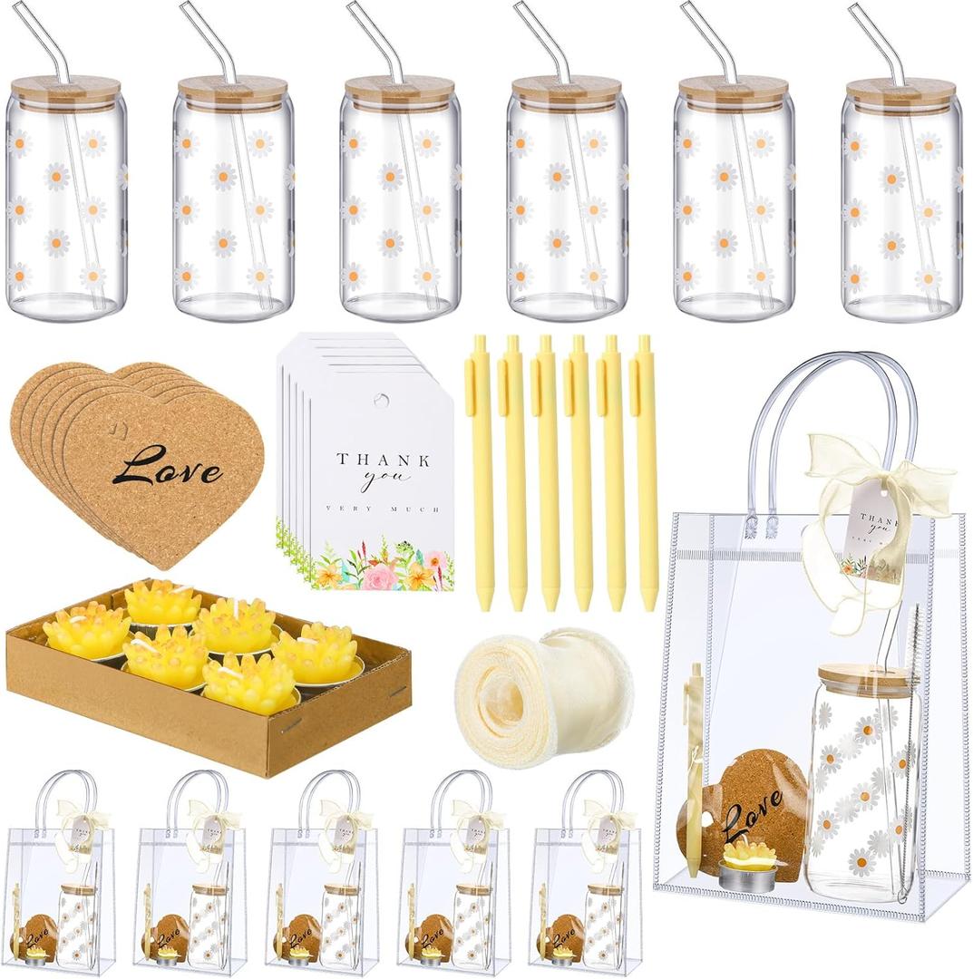 MotiMind 6 Sets Daisy Baby Shower Prizes for Game Players Baby Shower Winners Guest Gifts Candle Tumbler Coaster Pen Gift Bag Wedding Bridal Game Prizes Party Favors