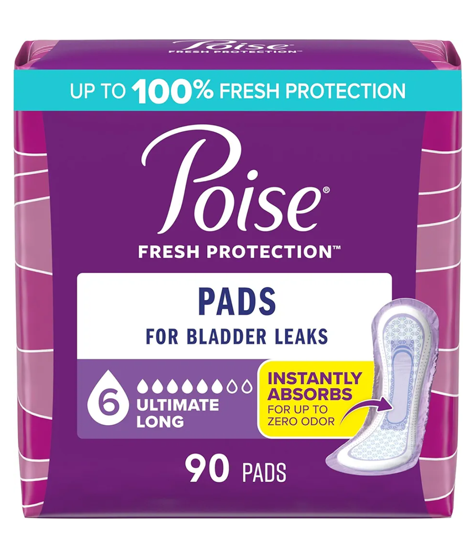 Poise Incontinence & Postpartum Pads for Bladder Leaks, 6 Drop Ultimate Absorbency, Long Length, 90 Count, Packaging May Vary
