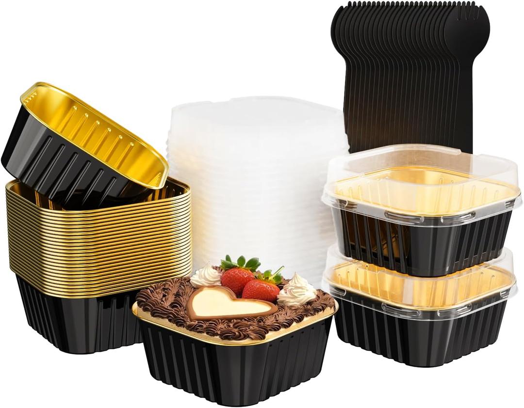 Ksmxos 25 Pack Square Mini Cake Pans with Lids,Mini Loaf Pans with Lids, Aluminum Foil Baking Cups,Disposable Ramekins Cupcake Cups,Dessert Cups for Wedding Birthday Party, 5 Oz (Black&Gold)