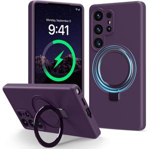 For Galaxy S25 Ultra Case with Stand, Slim Liquid Silicone Phone Cases for Samsung Galaxy S25 Ultra Compatible with MagSafe Magnetic Ring Kickstand Case Full Camera Protection, Dark Purple