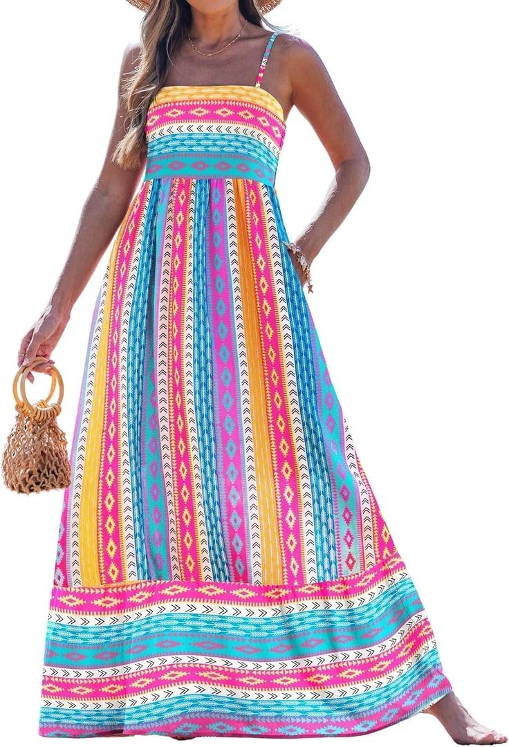 Popvil Women Summer Maxi Dress 2026 Spaghetti Strap Long Beach Dress Boho A-Line Flowy Casual Sleeveless Sun Dress, Large