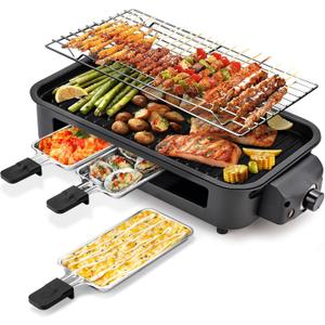Pukomc Electric Indoor Grill,2 in 1 Indoor Grills for Kitchen with Grill Net & Non-Stick Cooking Removable Plate, Temperature Control, Dishwasher Safe, 1700W Black