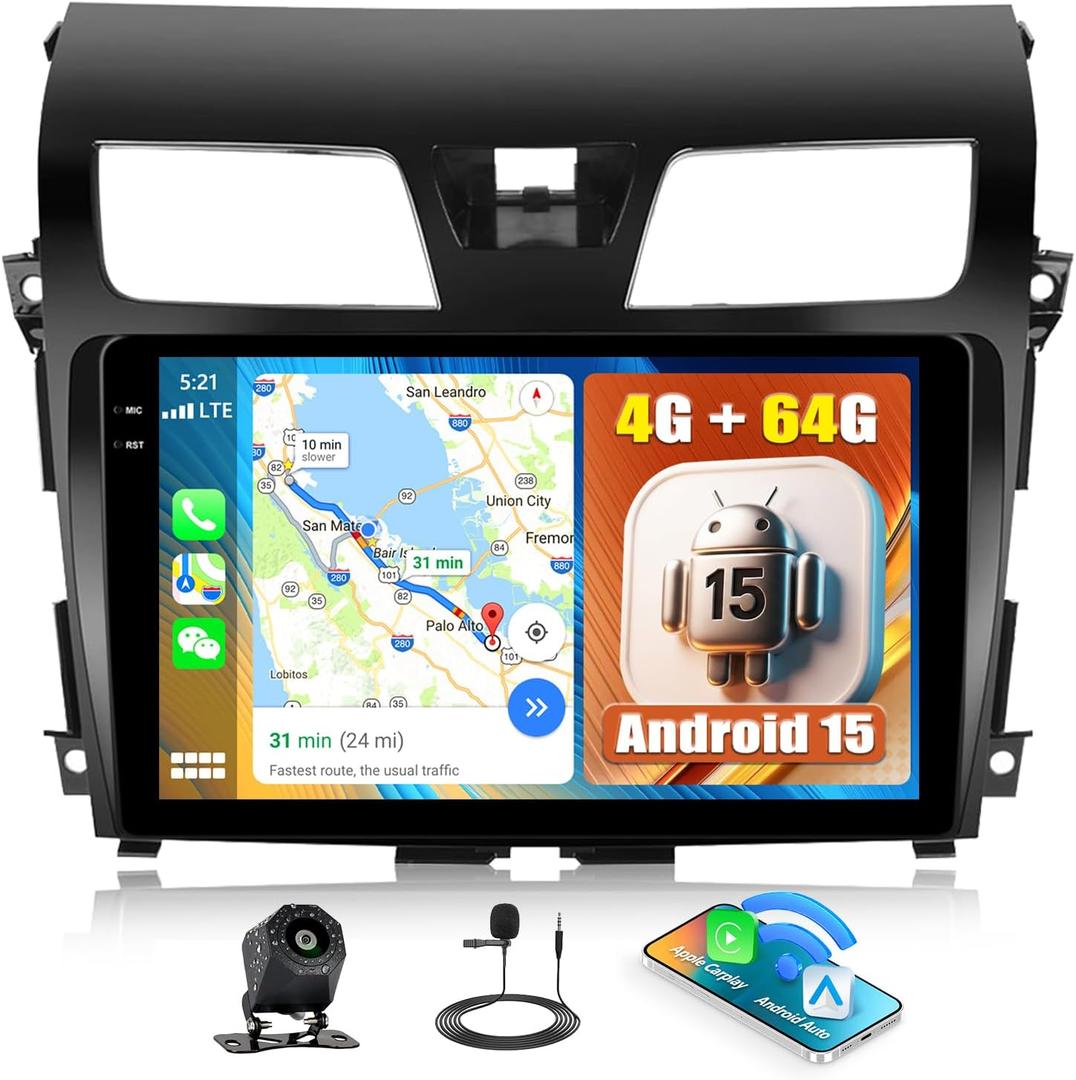 [4G+64G] Car Radio for Nissan Altima 2013-2018 with Wireless CarPlay Android Auto,10.1 Touchscreen Android 15 Car Stereo with Mirror Link WiFi GPS Navigation,Bluetooth,FM/RDS SWC EQ+Backup Camera