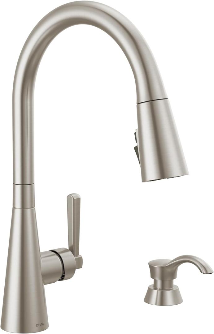 Delta Boyd Brushed Nickel Kitchen Faucet with Pull Down Sprayer and Soap Dispenser, Modern Single Hole Kitchen Sink Faucet, Single Handle, SpotShield Stainless 19893Z-SPSD-DST