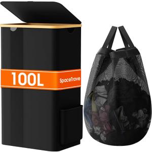 Laundry Basket Clothes Hamper with Lid and Removable Bag Large Collapsible Laundry Baskets with Handle, Freestanding Hampers for Bedroom Aesthetic, Dorm, Bathroom, Laundry Room 100L (Black)