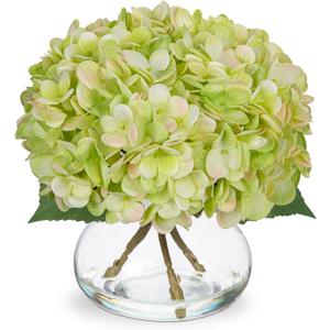 Hollyone Hydrangea Artificial Flowers with Glass Vase Green Silk Faux Flowers Arrangements in Vase with Faux Water Fake Floral Bulk Bouquet for Home Decor Table Centerpiece Decorations, Product Dimensions 9"D x 9"W x 9.5"H