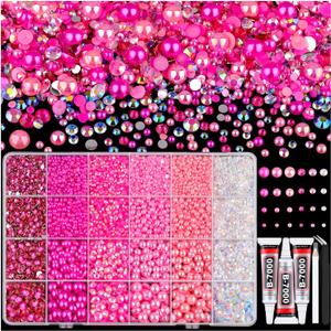 14000PCS Flatback Pearls and Rhinestones for Bedazzling Kit, Hot Pink 3-10mm Resin Pink Rhinestones and Half Pearls for Crafting, Nail Art and Dec with 3pcs B7000 Jewelry Glue