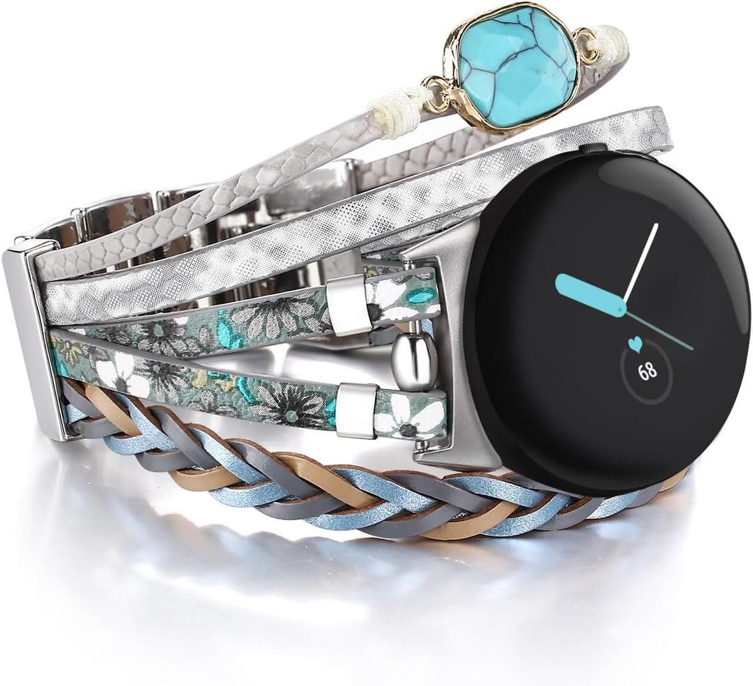 Leather Bands Compatible with Google Pixel Watch 4 3 Band 41mm/ Pixel Watch 2 Band/Pixel Watch Band for Women Men, Boho Watch Bracelets Wrap Genuine Leather Watch Strap for Google Watch Band (Blue Turquoise)