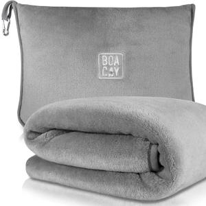 BOACAY Soft & Warm Travel Blanket for Airplane & Car - Long Flight Essential for Women, Men, Kids - Compact Pillow with Luggage Sleeve & Backpack Clip (Single, Gray)
